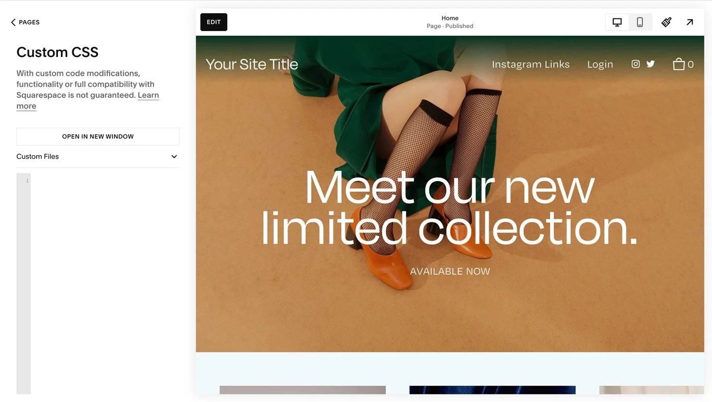 A screenshot of the Squarespace custom CSS panel.
