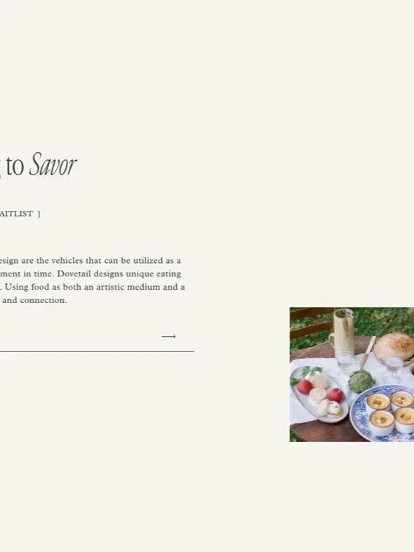 A webpage design with a section titled "Savor" and a photo of a table with and baked goods.