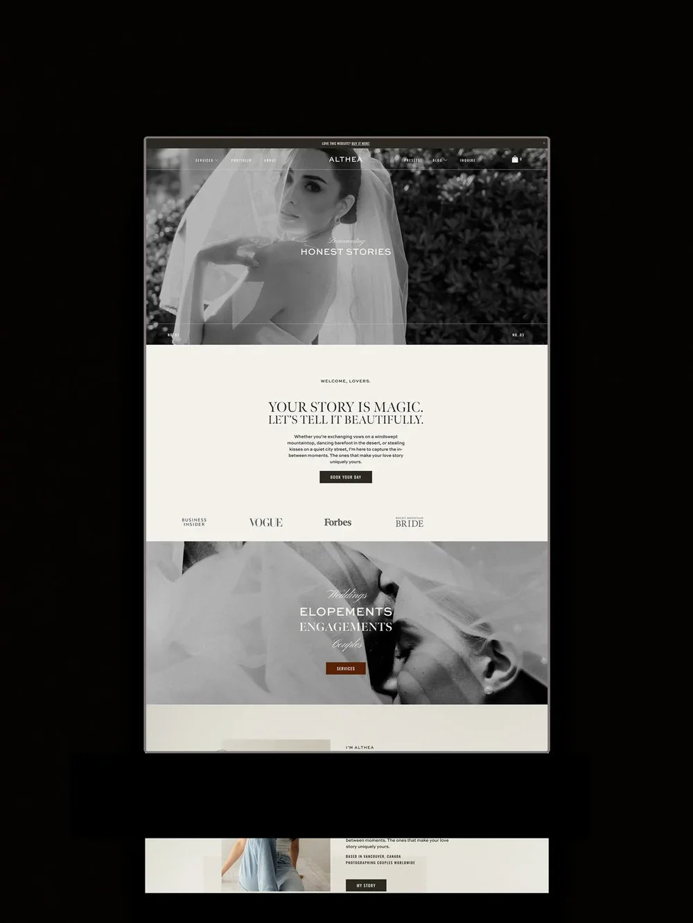 The Althea Squarespace template displayed on a vertical screen.