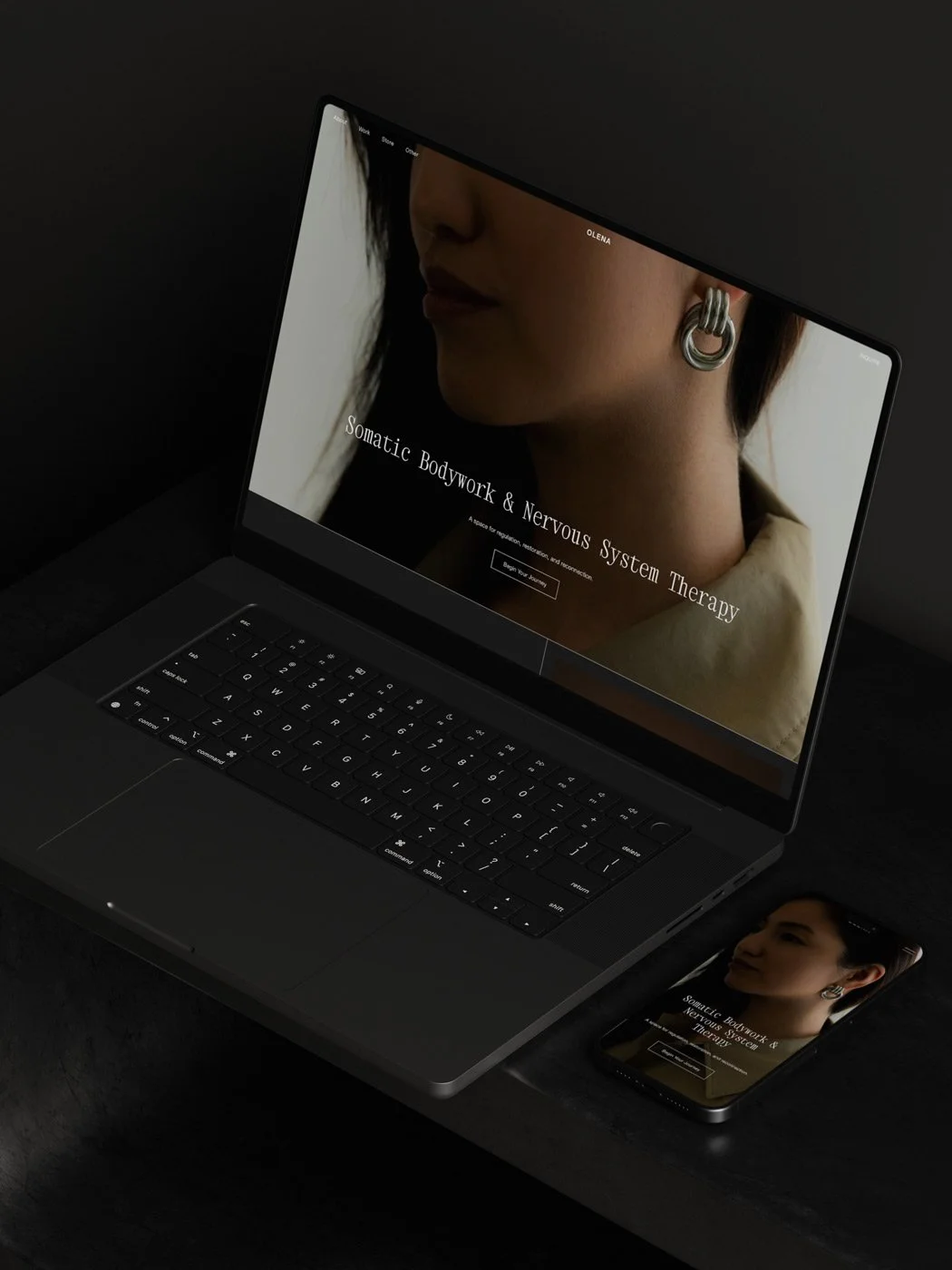 The Olena premium Squarespace template displayed on a laptop and mobile phone screen.