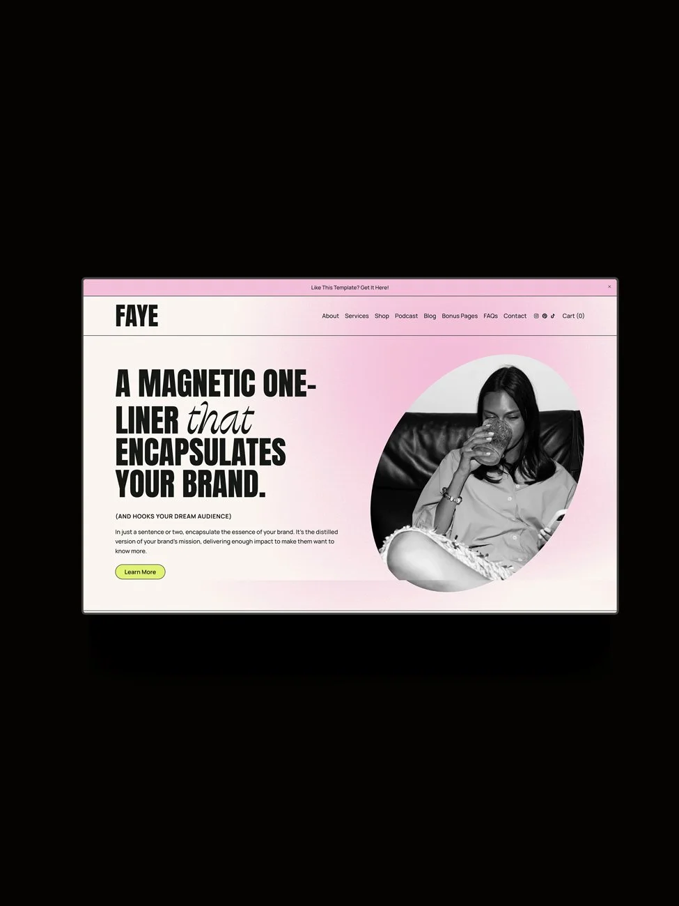 The Faye Squarespace template displayed on a horizontal screen.