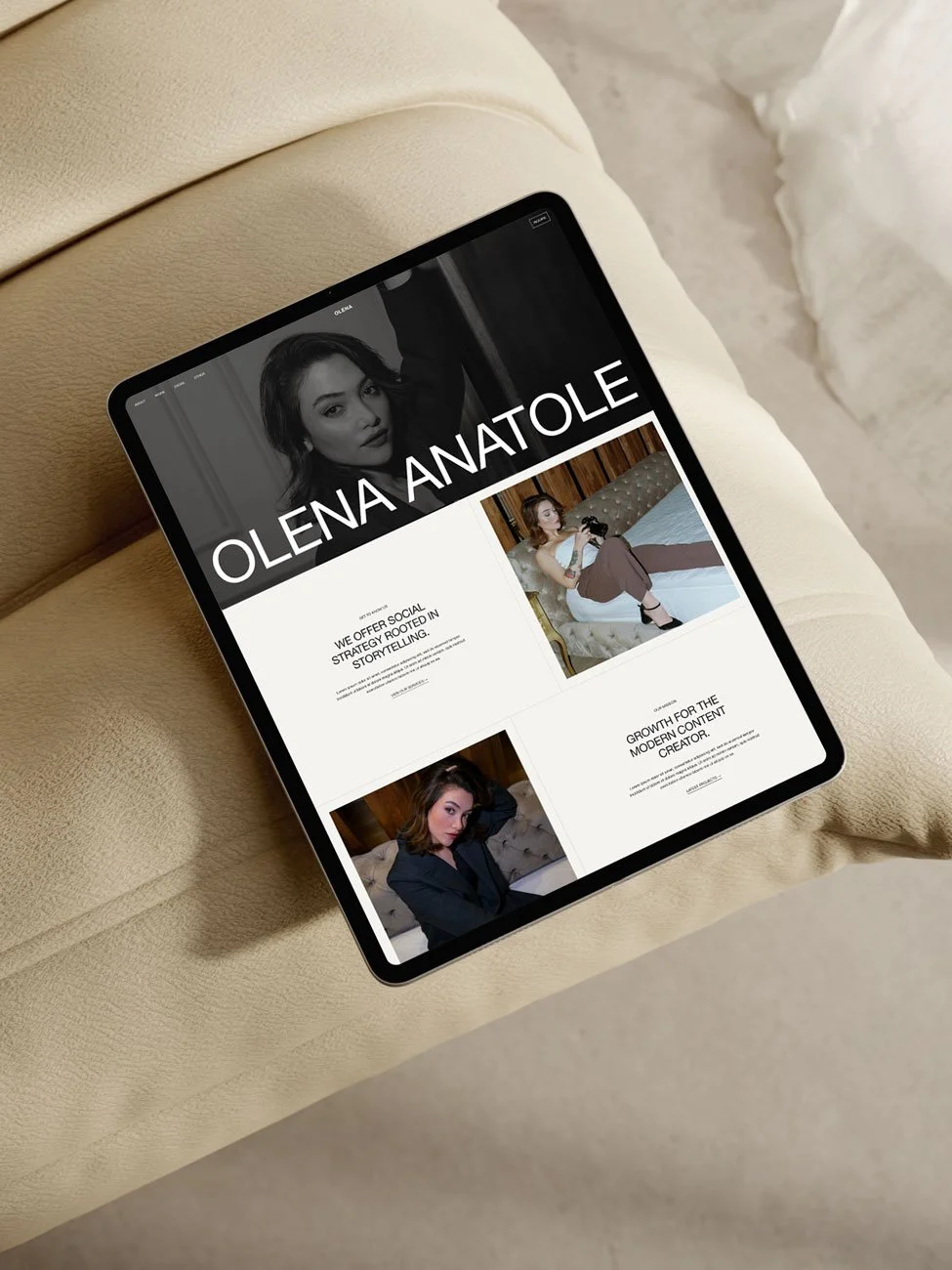 The Olena Squarespace Marketing Agency Template displayed on an iPad.