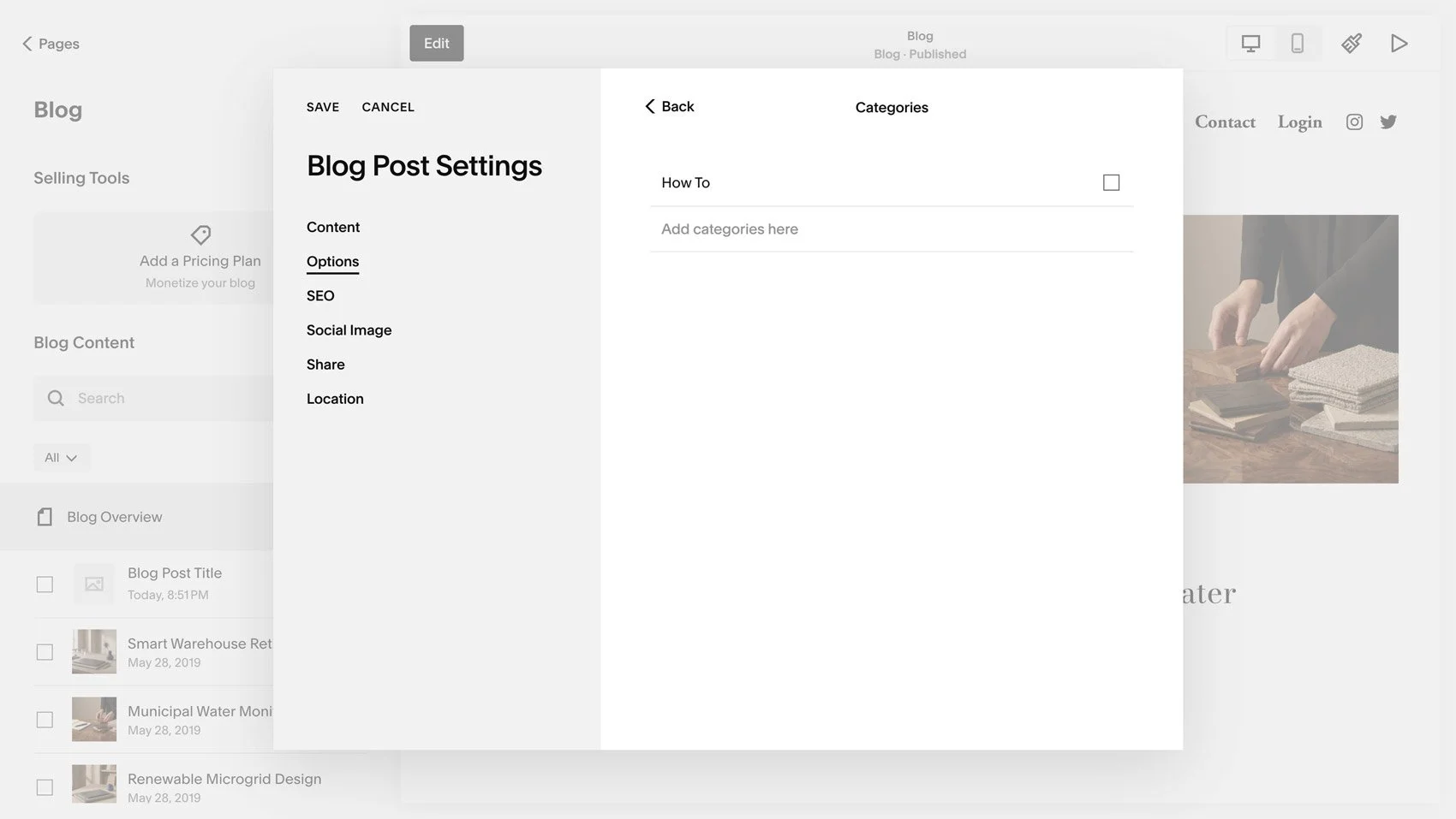 The Categories area in Squarespace Blog Post Settings.