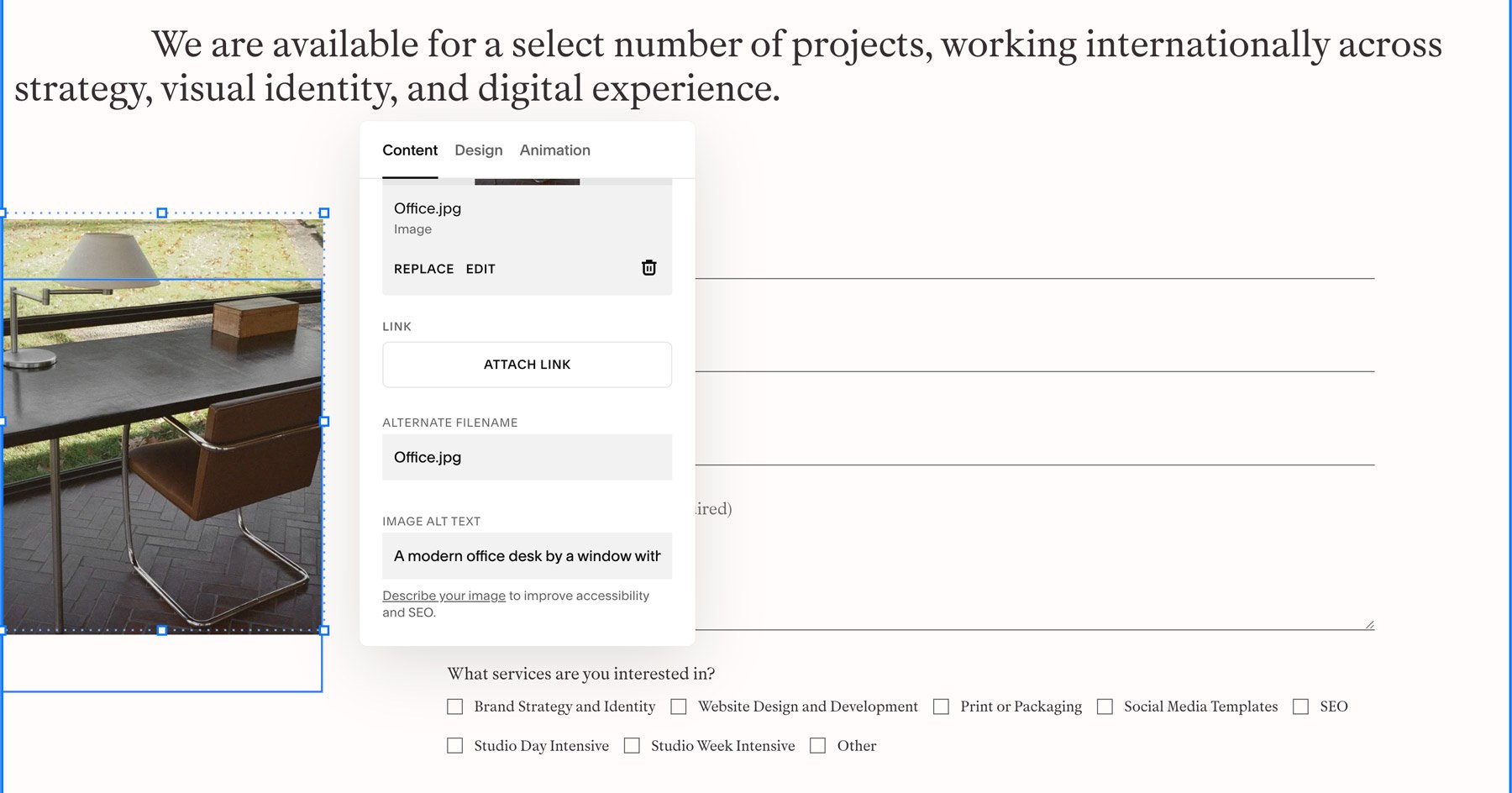 Adding image alt text in Squarespace.