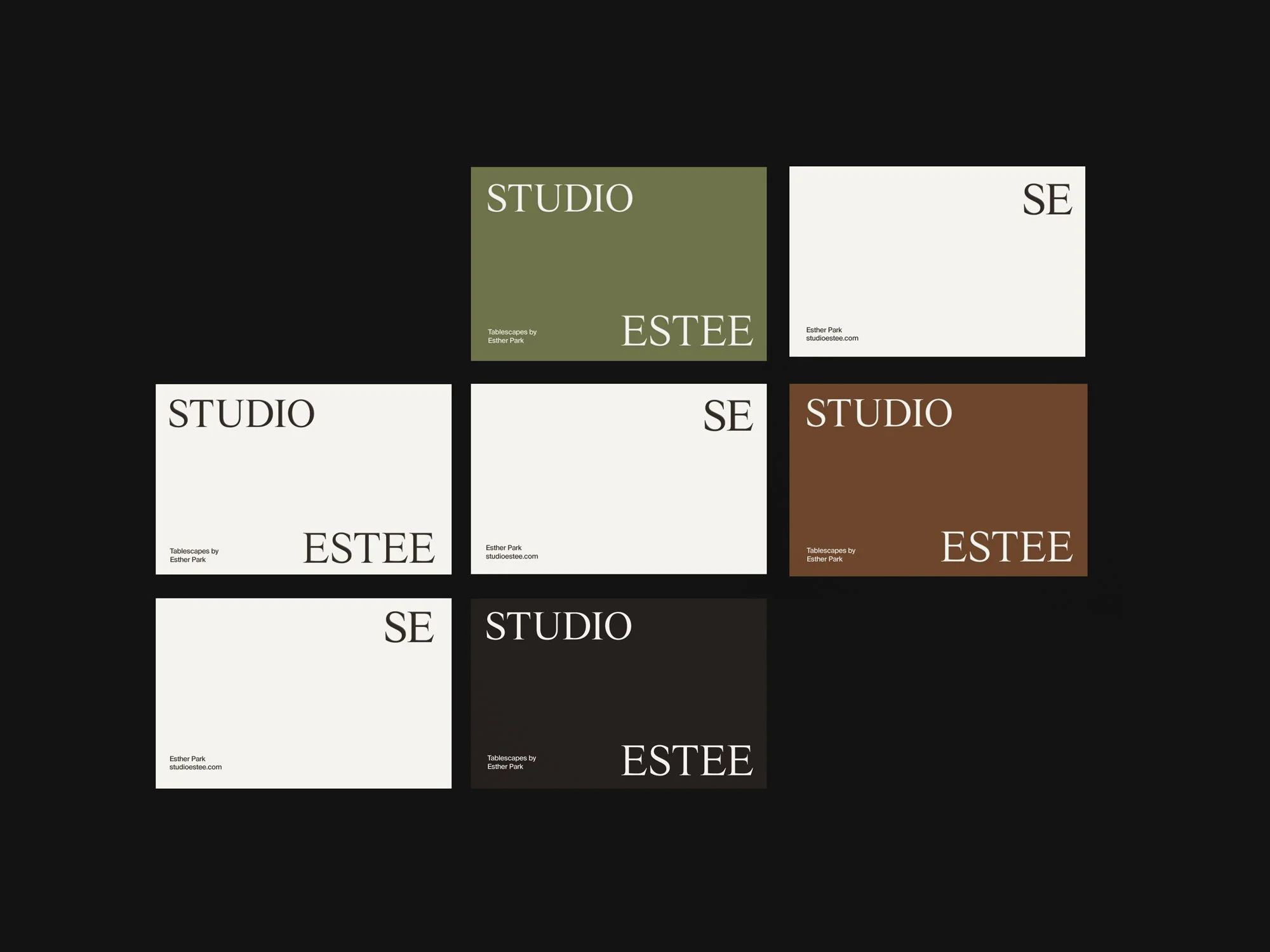 The Studio Estee business cards in shades of cream, brown, green, and charcoal.