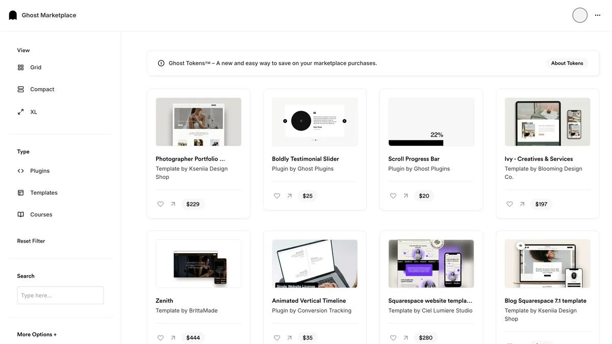 The Ghost Marketplace Home page.