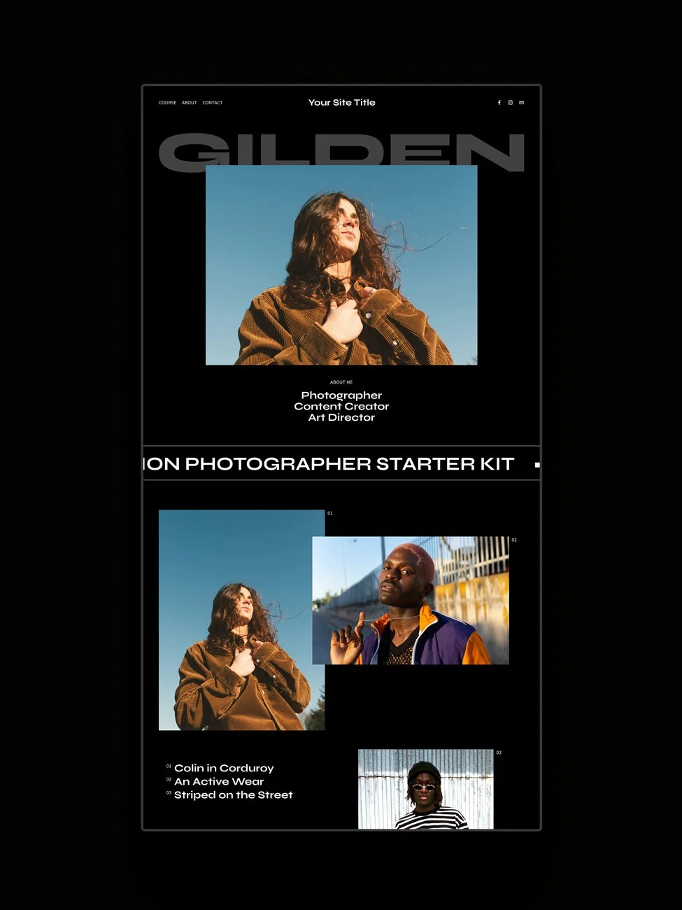 The Gilden Squarespace template displayed on an extended screen.