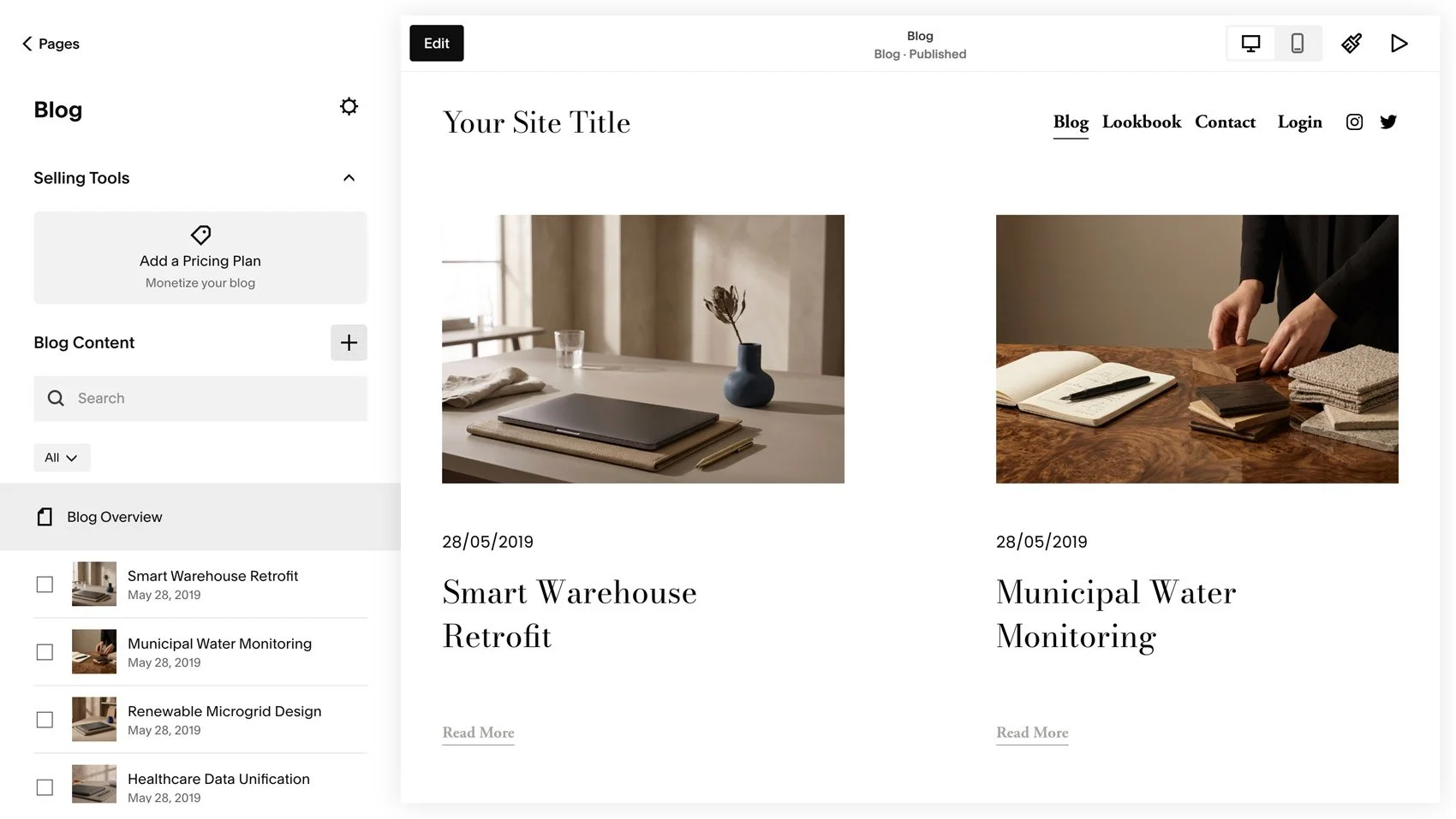 A Squarespace blog displayed in the Squarespace editor.