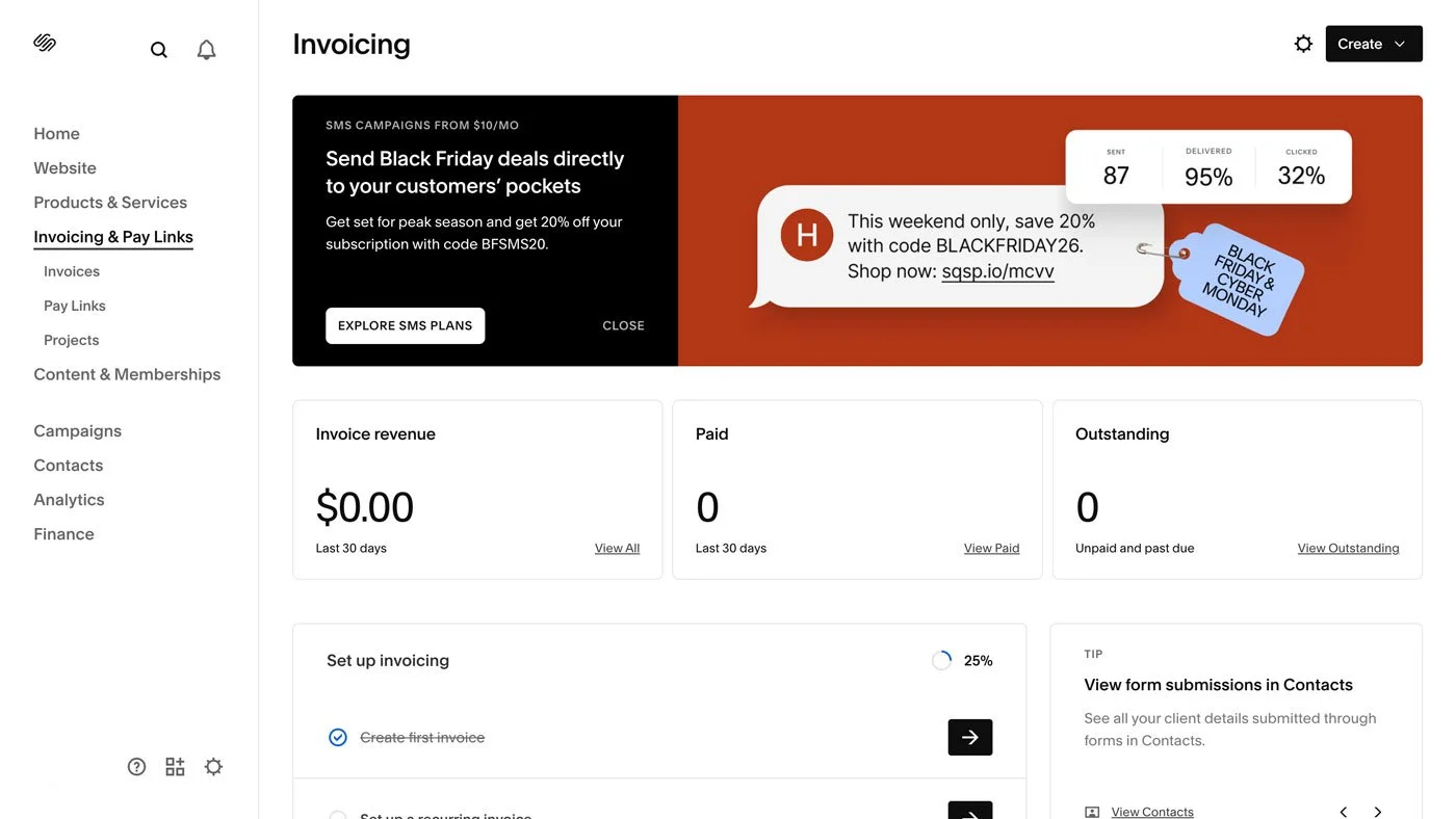 The Invoicing & Pay Links tab inside Squarespace.