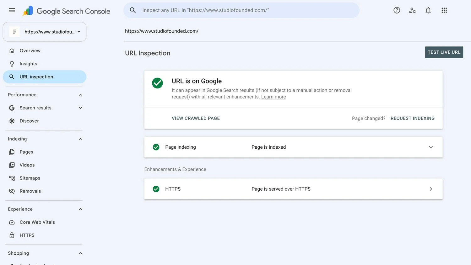 Inspecting a URL in Google Search Console.