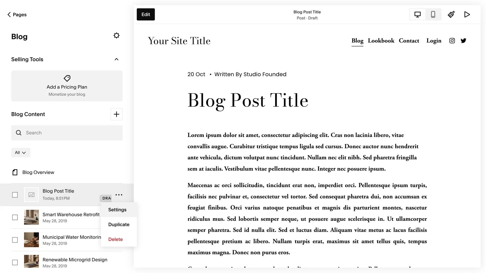 Opening blog post settings in the Squarespace editor.