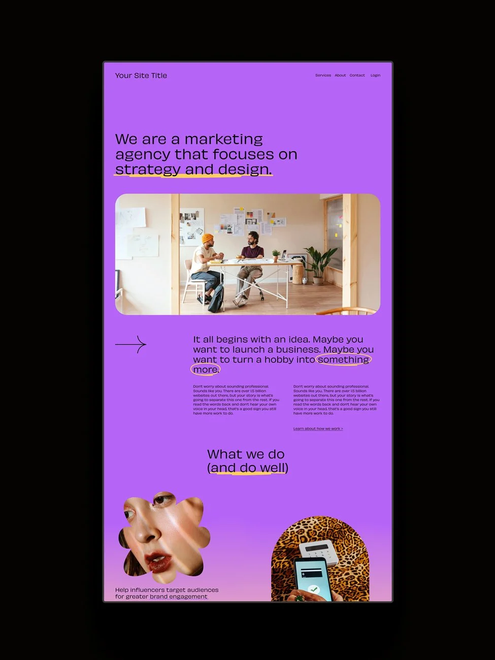 The Agaro Squarespace template displayed on a vertical screen.