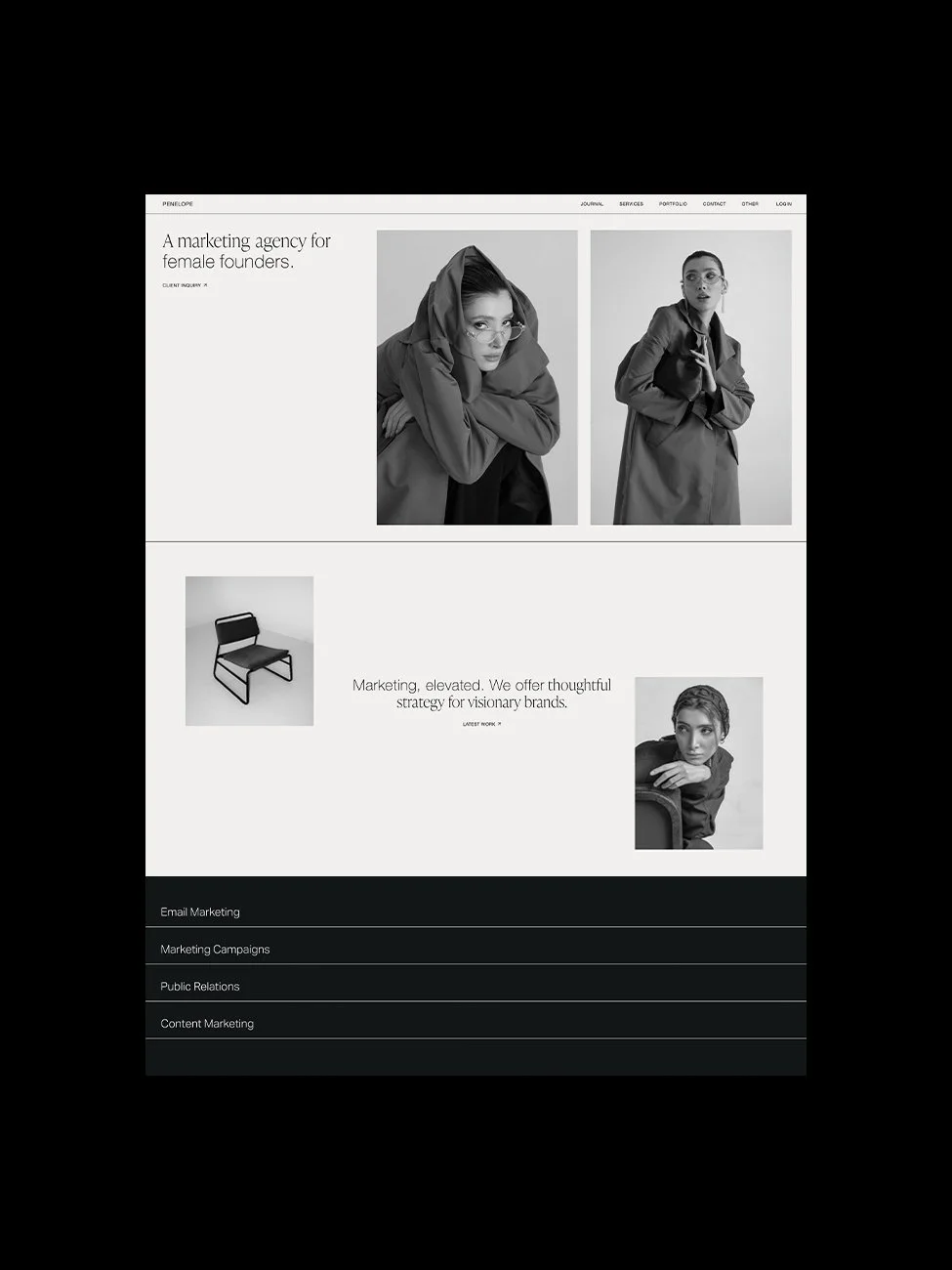The Penelope Squarespace marketing template for marketing agencies and creatives, displayed on a black background.