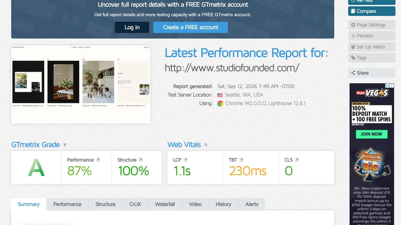 GTMetrix pagespeed results.