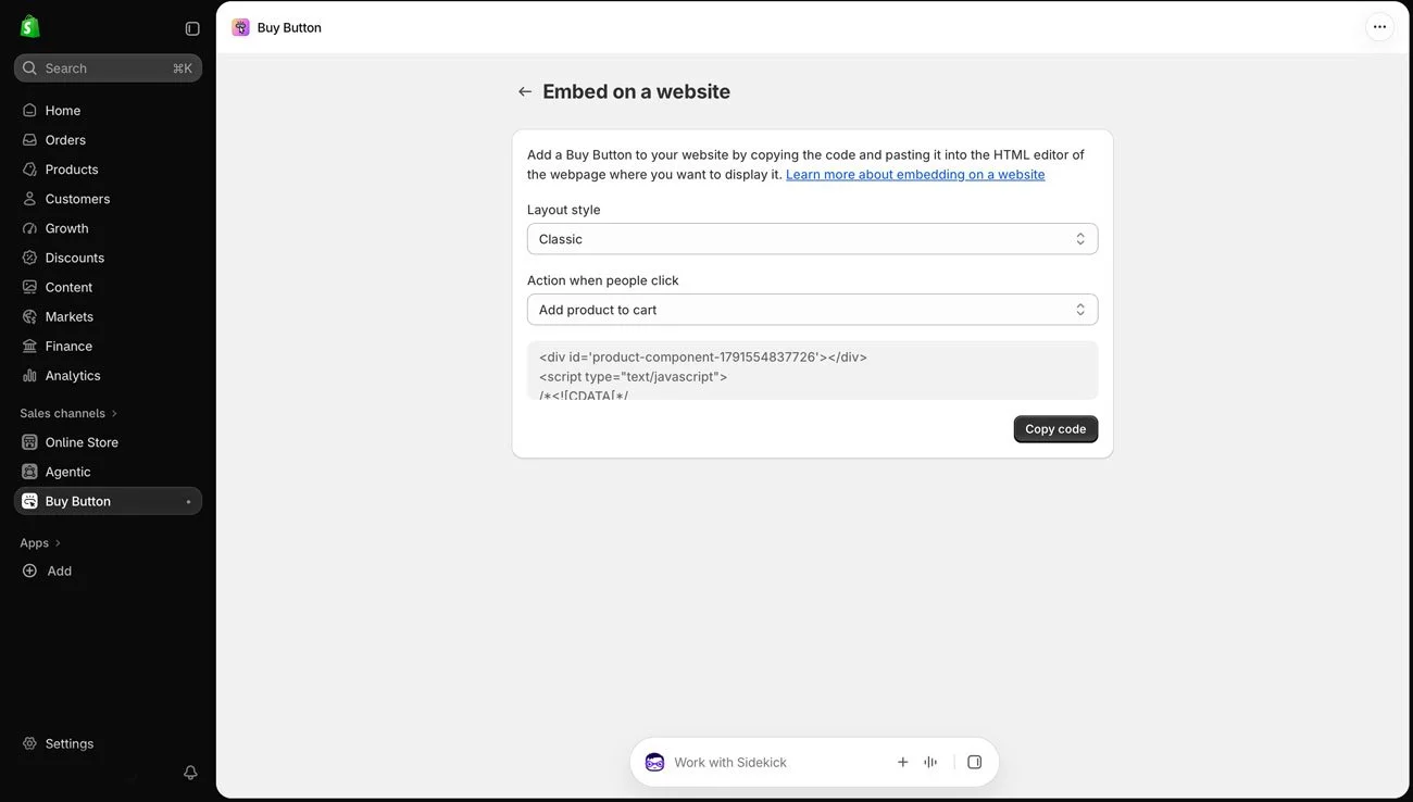 The Shopify embed button code.