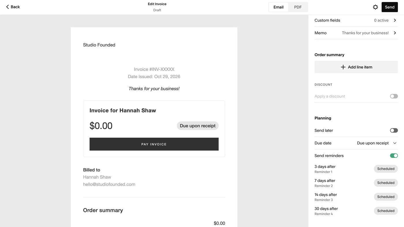 An invoice in the Squarespace Invoicing area.