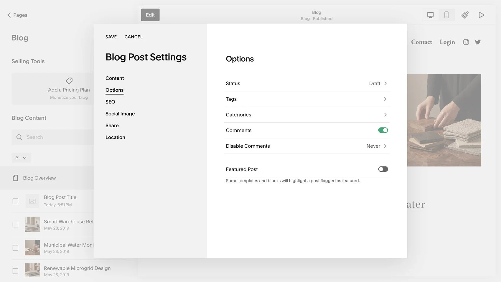 Toggling on comments in Squarespace Blog Post Settings.