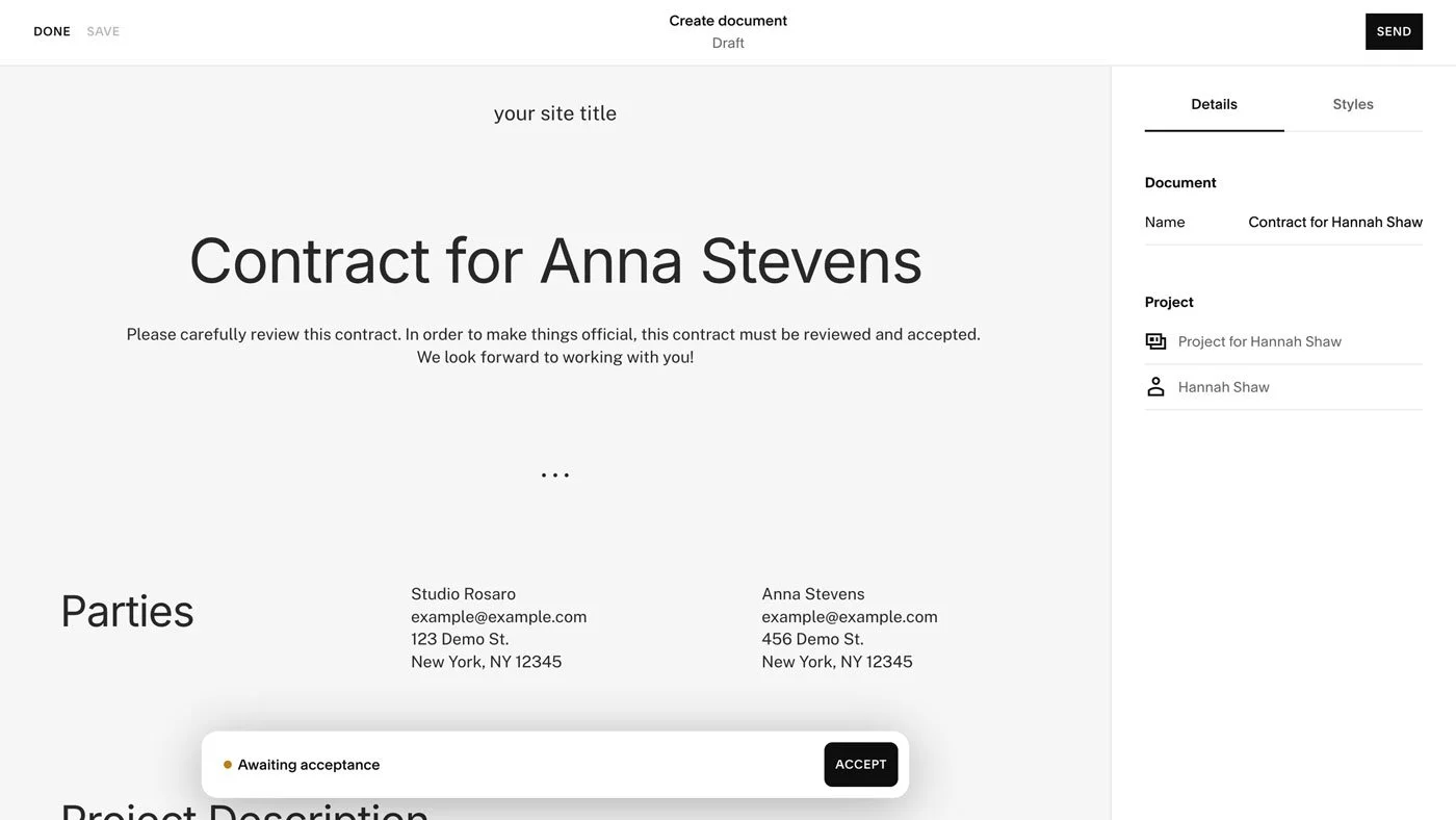 A Contract in Squarespace Invoicing.