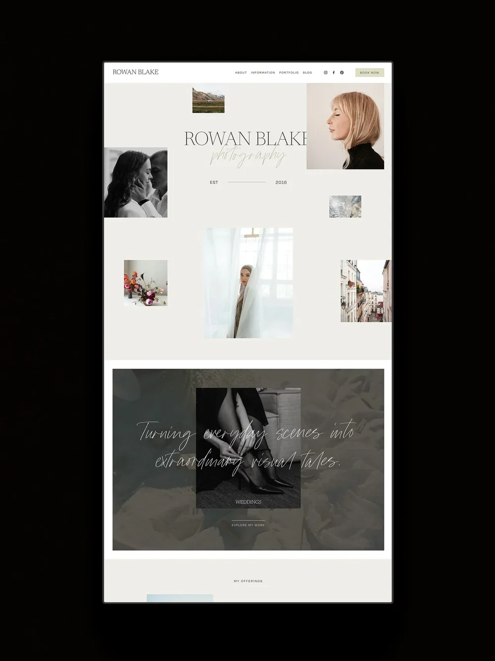 The Rowan Squarespace Template displayed on a vertical screen.