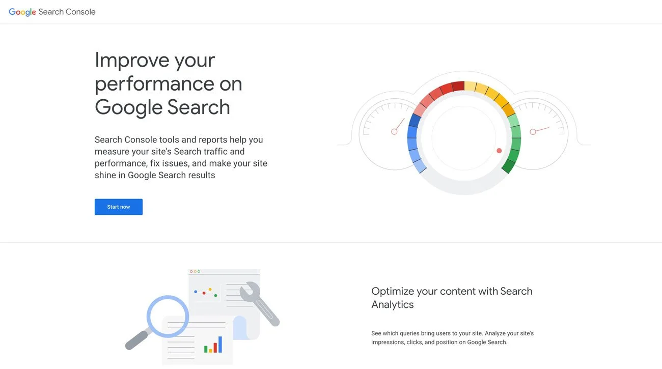 The Google Search Console home page.