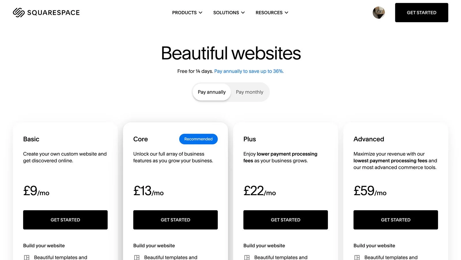 Squarespace pricing plans displayed on their website.