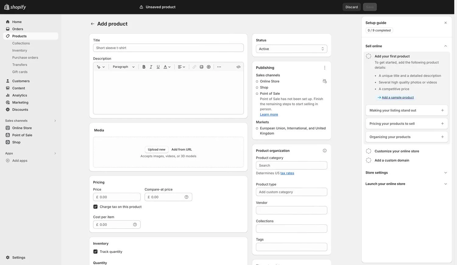 The Add Product area in Shopify.