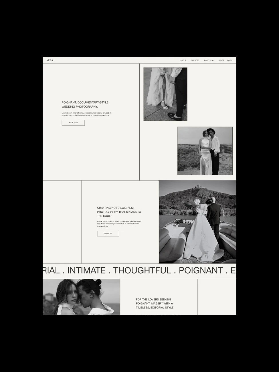 The Vera Squarespace wedding photography template for photographers, lifestyle creatives, and brand storytellers, displayed against a black background.