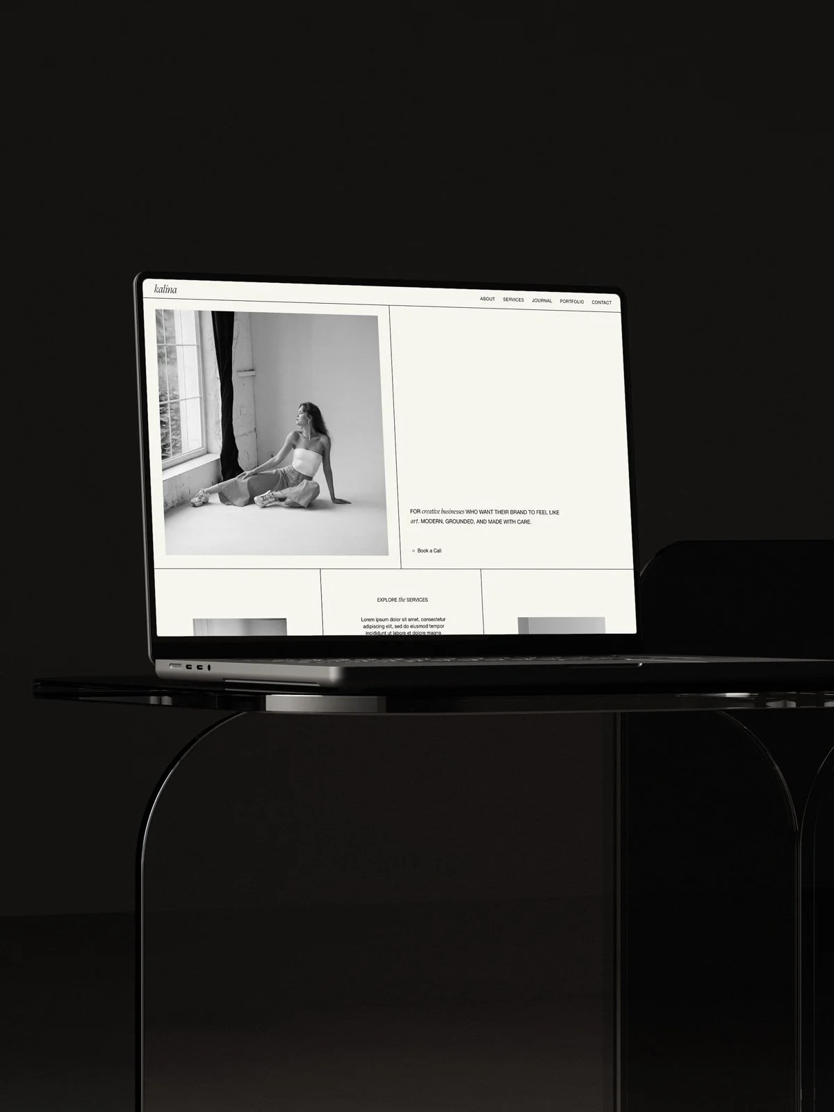 The Kalina Squarespace portfolio template displayed on a laptop.