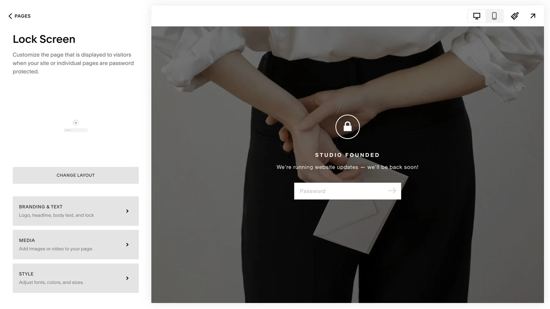 The Squarespace Lock Screen customization page.
