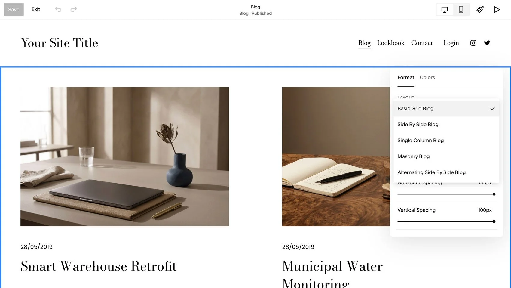 The layout options for Squarespace blog posts.
