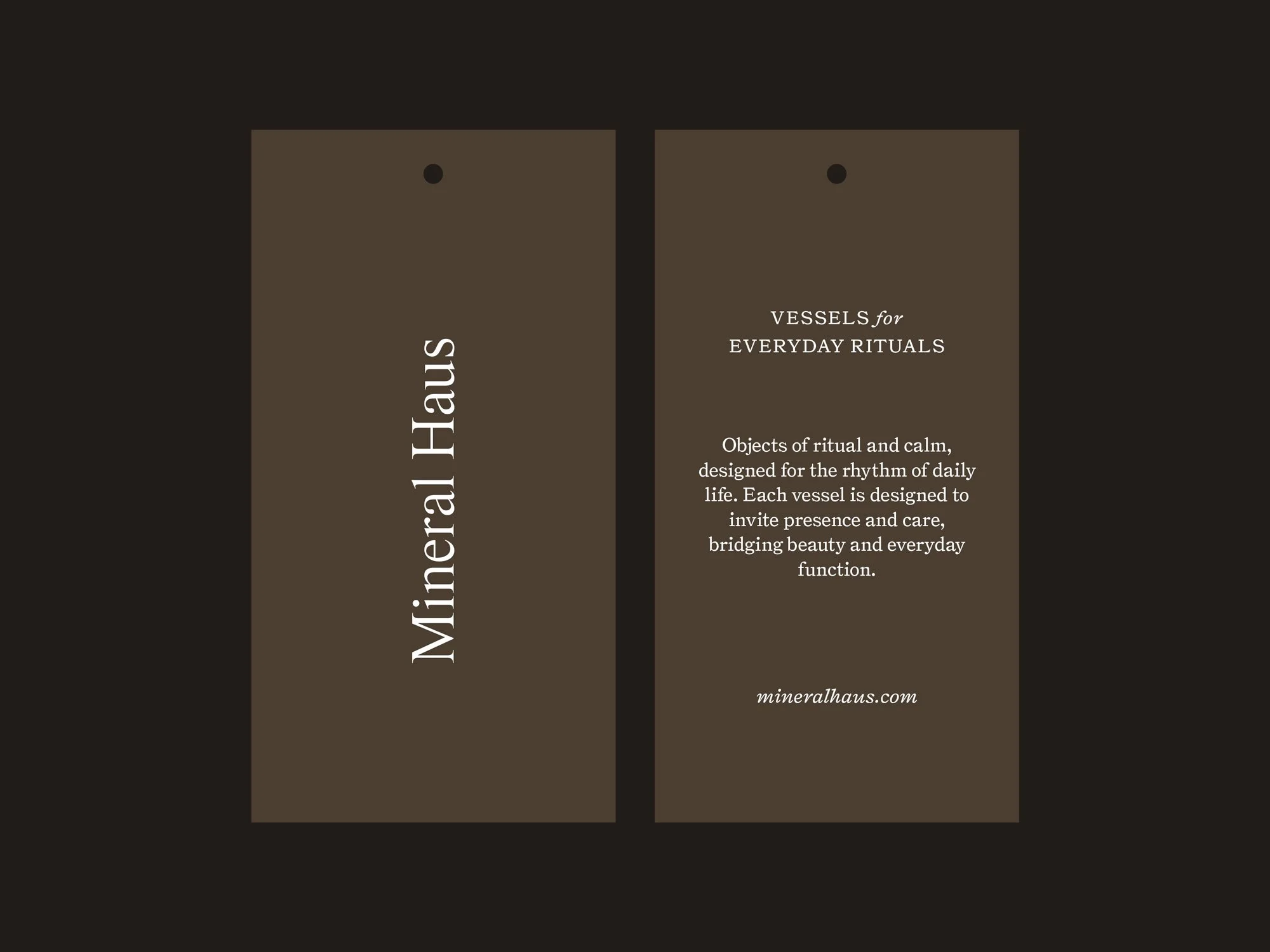 Two brown product tags for 'Mineral Haus' with informational text about vessels for everyday rituals and their role in daily life, on a dark background.