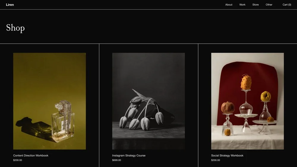 The Liren Squarespace template Shop page.