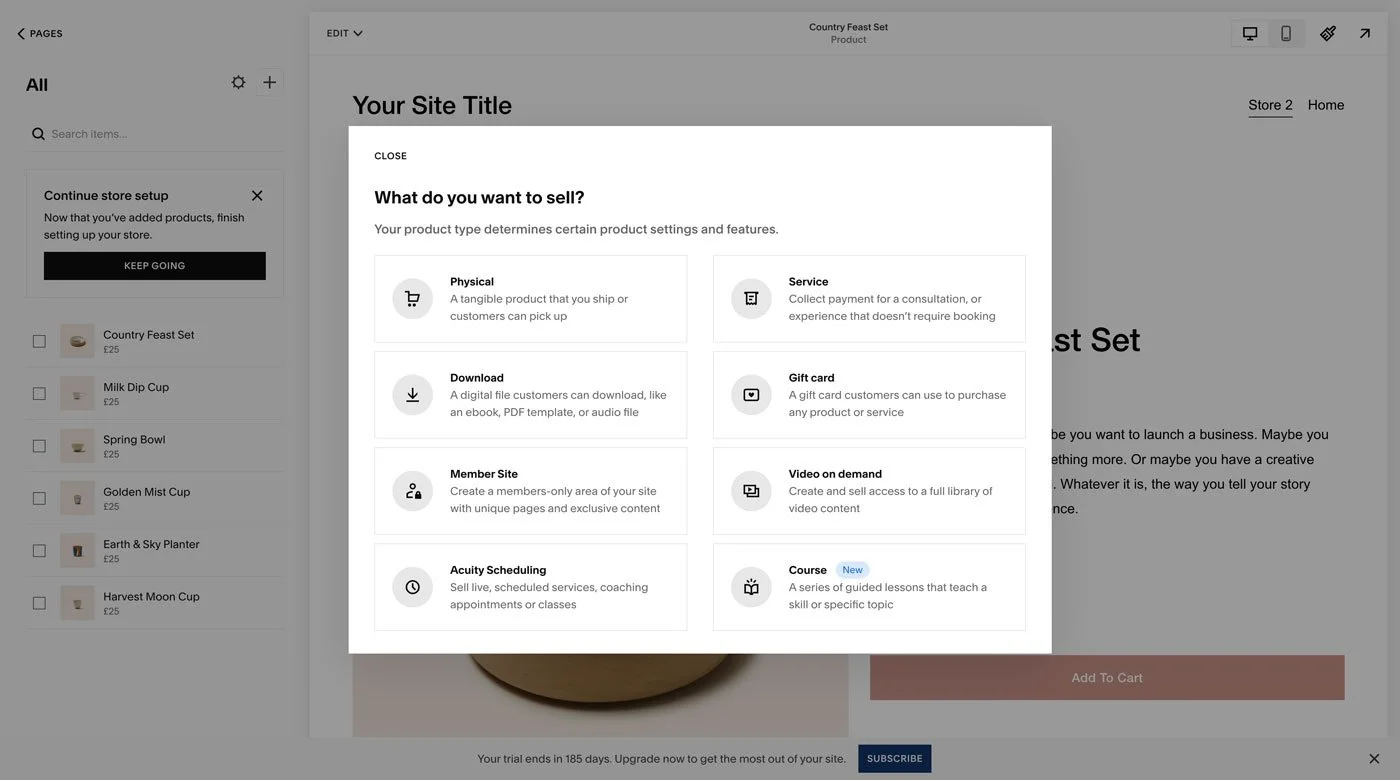 Adding a new product in Squarespace.