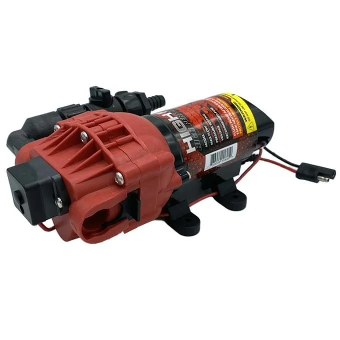 A digital high-performance water pump with red and black components, labeled "High" on the barrel, with electrical wiring and mounting brackets.