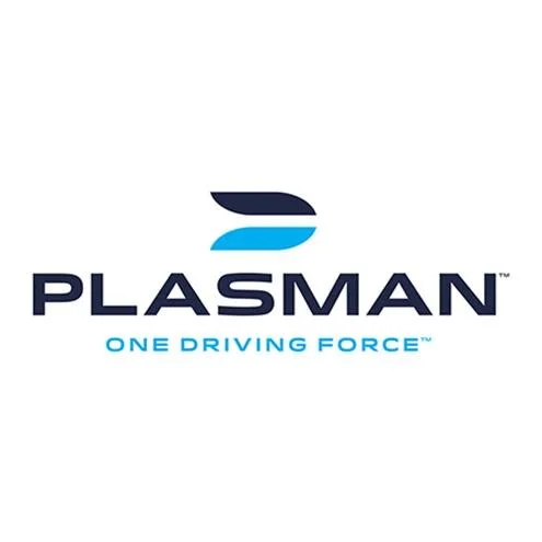 Plasman logo with blue and black abstract design and tagline "One Driving Force."
