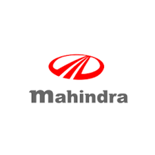 Mahindra logo with red symbol and gray text on white background.