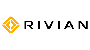 Rivian logo with a stylized 'R' in a yellow diamond next to the brand name in black letters.