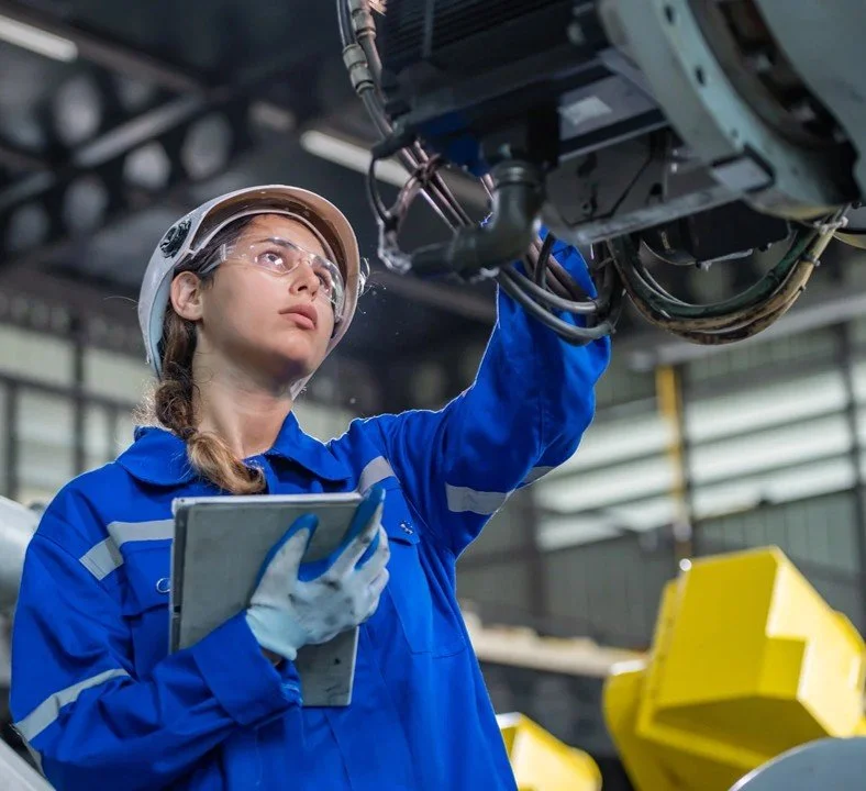 A female worker in safety gear inspecting machinery in an industrial setting.