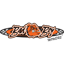 Bad Boy Mowers logo featuring a bulldog mascot with orange and black colors