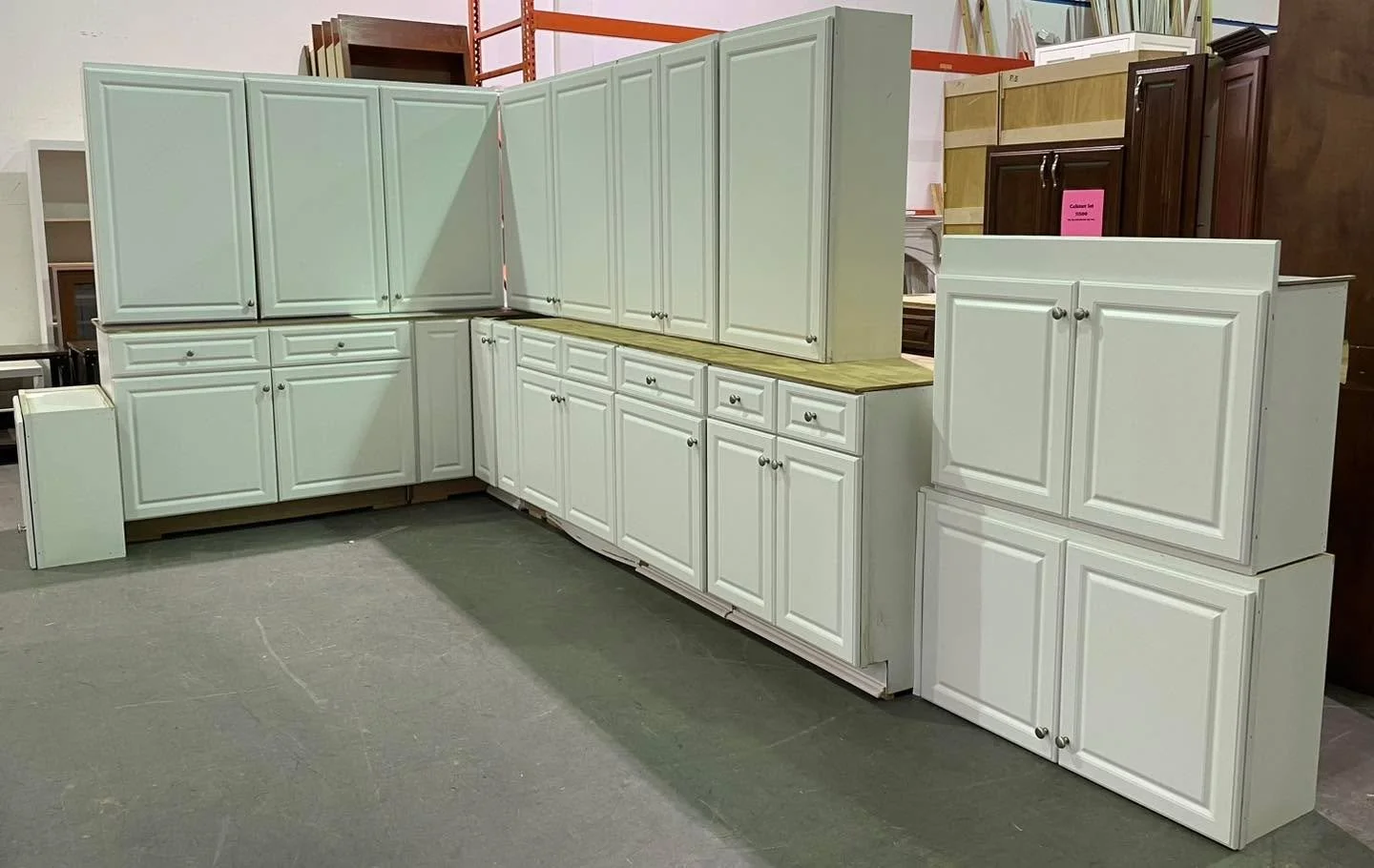 White thermafoil kitchen cabinet set $1600 - about 18&rsquo; of base cabinets.
