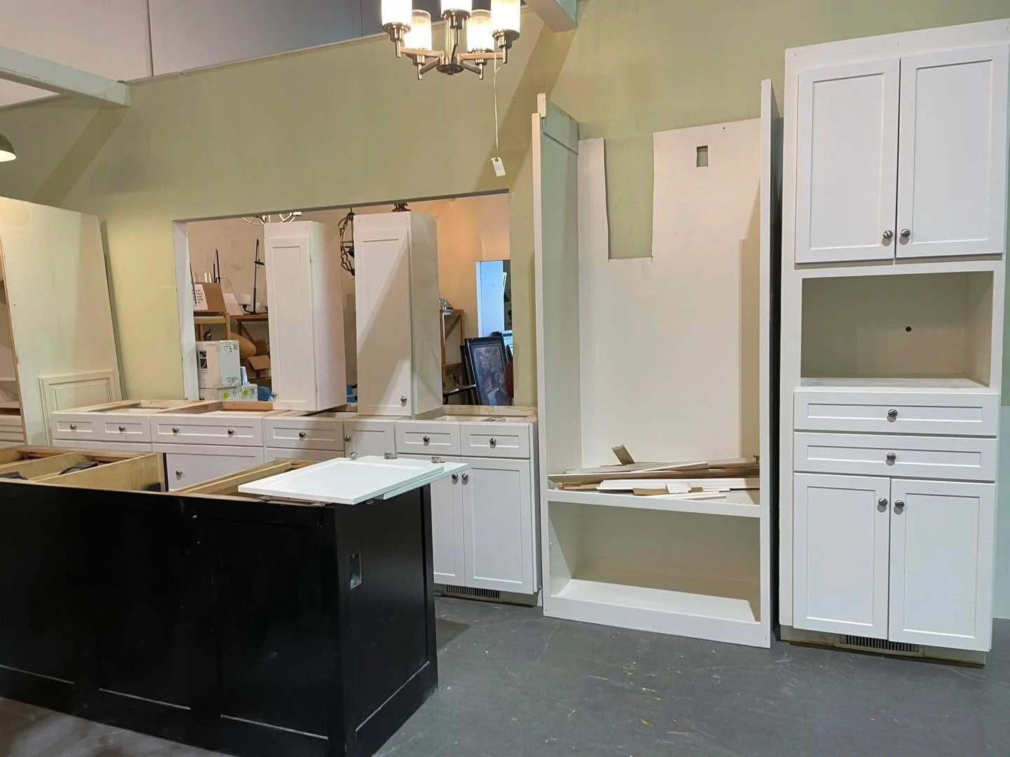 Kitchen cabinet set $1350 - white thermafoil shaker cabinets with black island cabinets, about 13&rsquo; total base cabinets, just the two uppers and two tall cabinets - not sold separately