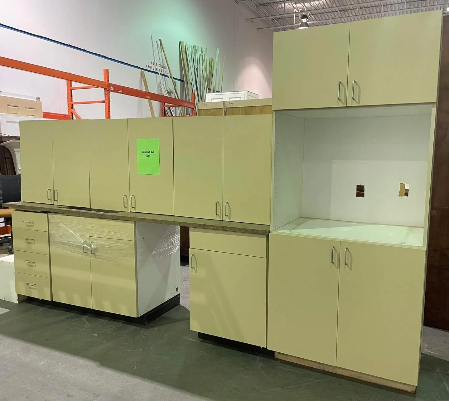 Office break room kitchen cabinet set $475 - includes counter, sink and faucet.