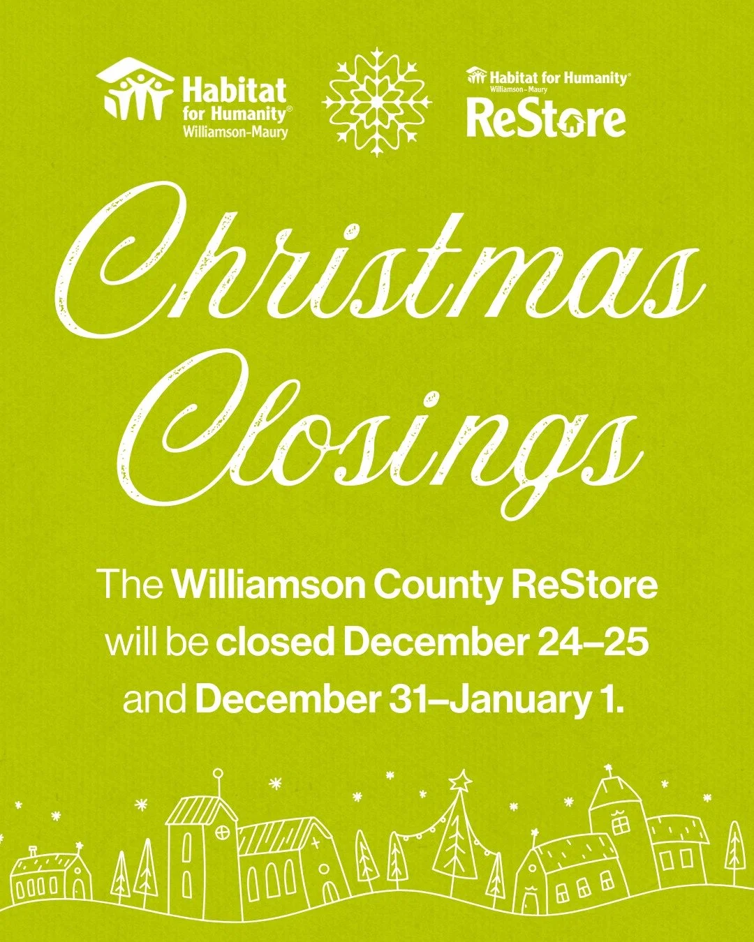 🎄 Holiday closure notice! 

As we celebrate the season, please note our upcoming ReStore closure dates. 

P.S. Our last sale day of the year will be 12/26!