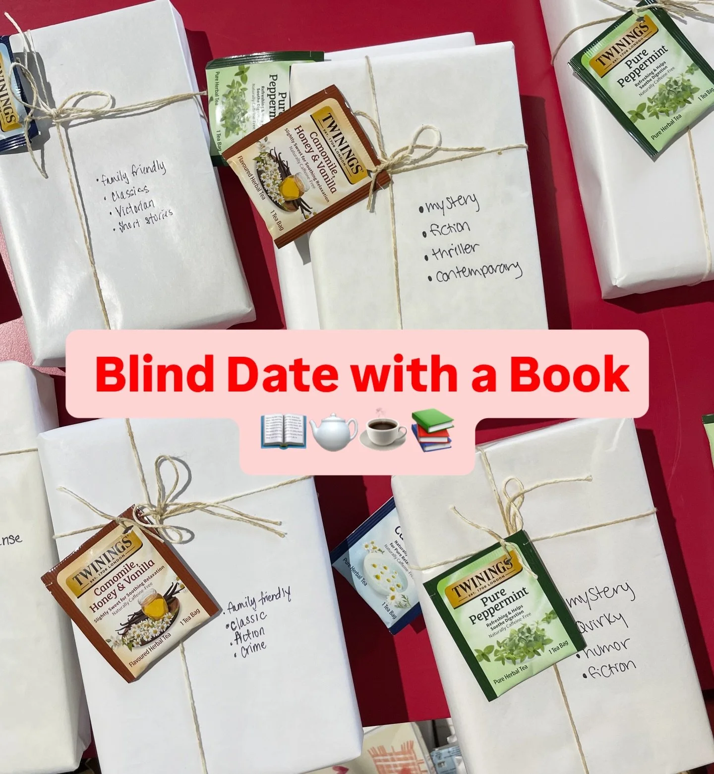 Rose are red, violets are blue, your next favorite book is waiting for you! 📚💘

Pick up a &ldquo;Blind Date with a Book&rdquo; for Valentine&rsquo;s Day week! Each mystery book comes with a pack of tea for the perfect cozy night. 

Fall in love wit