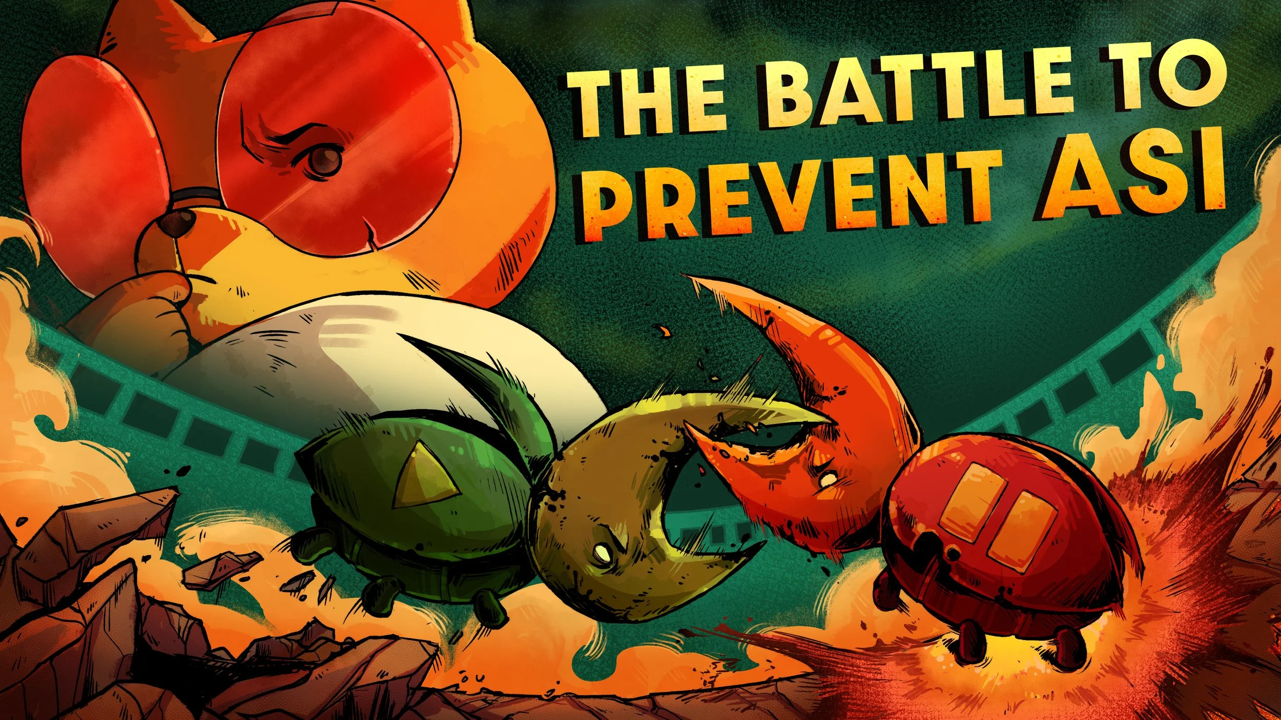Thumbnail for video exploring the debate surrounding pausing AI development. Featuring the main character, Doggo, in front of two battling bug representing pause and go forward.