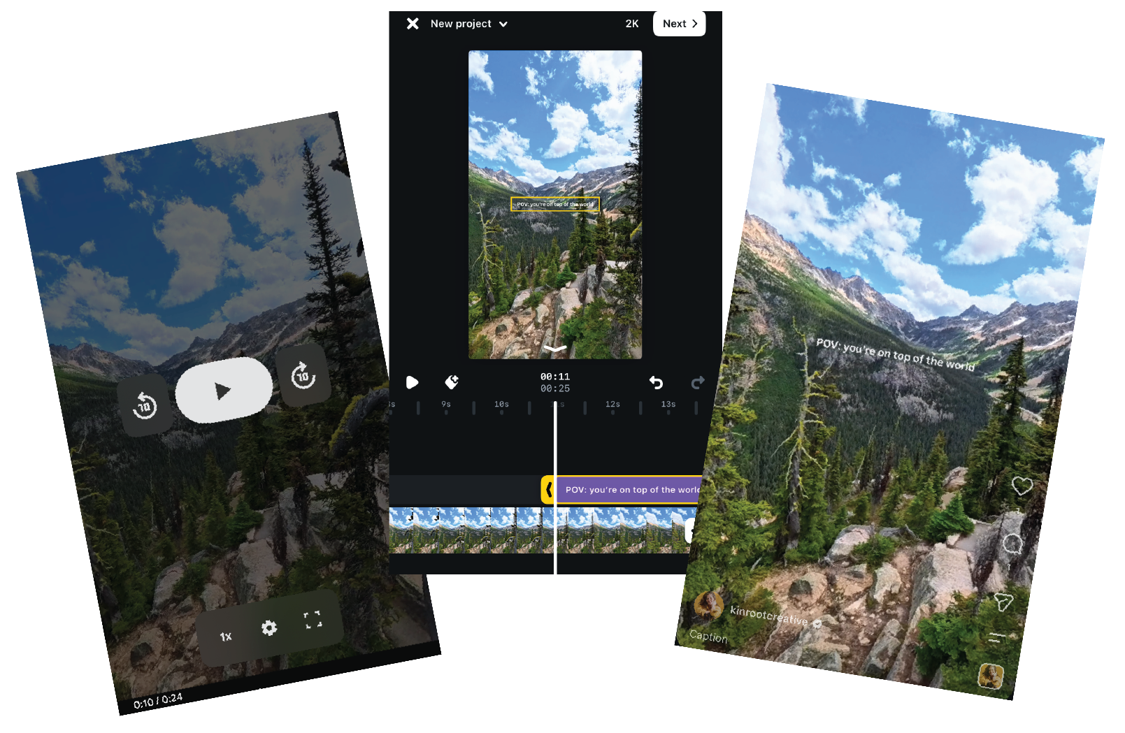 Screenshots of a mobile video editing app showing a mountain landscape with trees, rocks, and a blue sky with clouds, with video editing controls and timeline visible.