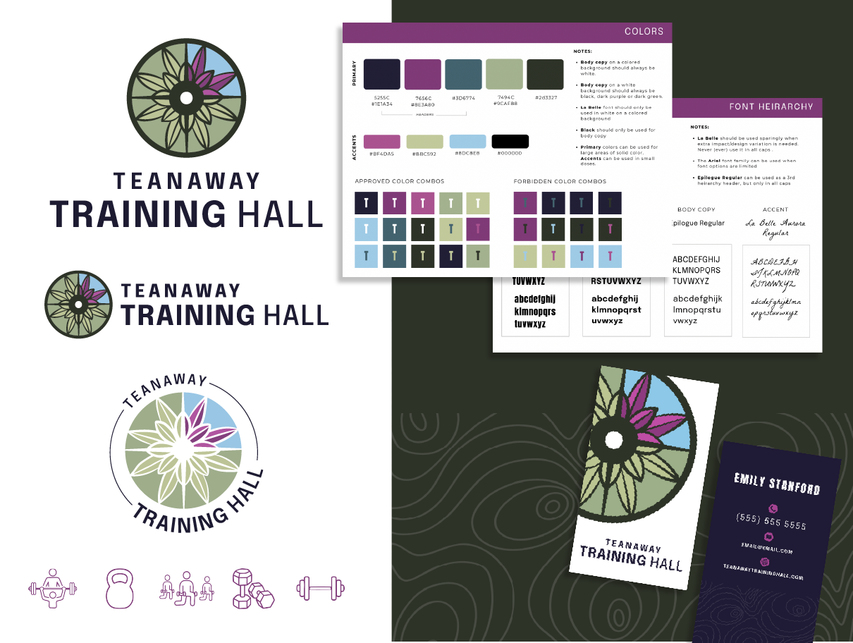 Branding materials for Teenaway Training Hall, including logos, color palettes, fonts, business card, and icons related to fitness.
