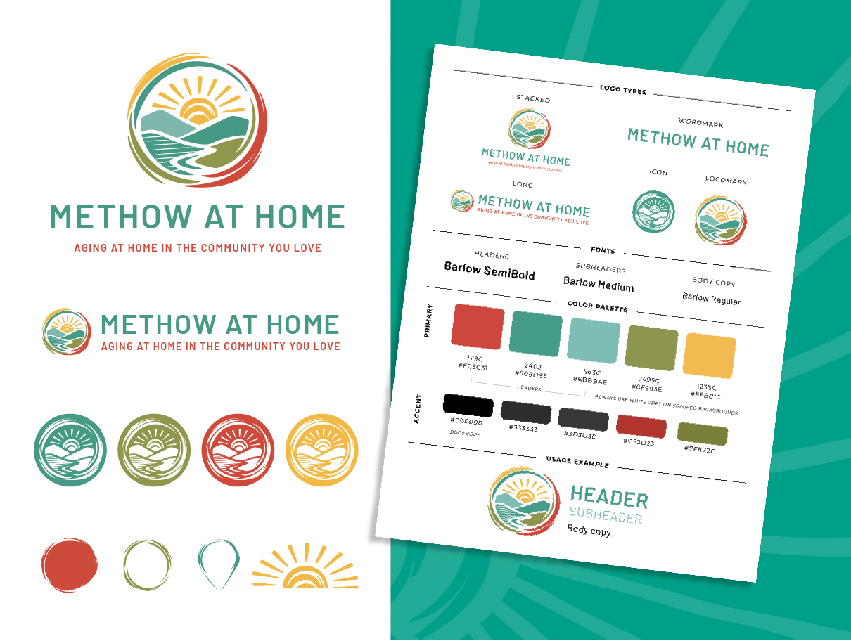 Branding and logo design guide for 'Methow At Home,' a community aging initiative. Includes logo variations, color palette, font choices, and usage examples.
