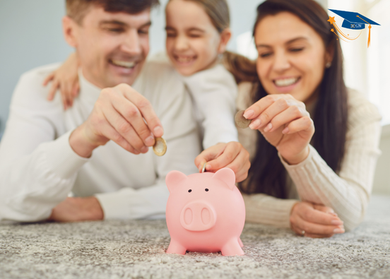 Mom and Dad putting money in child's piggy bank to save for college