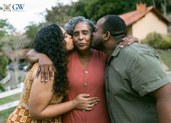 Two adult children with their older mother